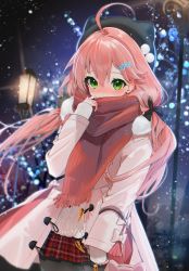 Rule 34 | 1girl, ahoge, black pantyhose, blush, commentary request, covered mouth, dated, gotou (nekocat), green eyes, hair between eyes, hair ornament, hand up, highres, hololive, jacket, lamppost, long hair, long sleeves, looking at viewer, night, open mouth, pantyhose, pink hair, plaid, plaid skirt, pleated skirt, red scarf, red skirt, sakura miko, sakura miko (casual), scarf, signature, skirt, sleeves past wrists, snowflake hair ornament, solo, twintails, virtual youtuber, white background, white jacket