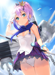 Rule 34 | 1girl, agnamore, anchor, arm up, azur lane, bad id, bad pixiv id, bare shoulders, bird, black ribbon, blue eyes, blue sky, blush, bow, bow panties, breasts, camisole, cannon, chain, closed mouth, cloud, commentary request, cowboy shot, crown, day, gloves, hair between eyes, hair ornament, hair ribbon, javelin (azur lane), looking at viewer, mini crown, outdoors, panties, pink hair, plaid, plaid skirt, pleated skirt, purple skirt, ribbon, single glove, skirt, sky, small breasts, smile, solo, sunlight, turret, underwear, white camisole, white gloves, white panties