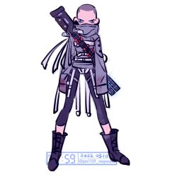 Rule 34 | 1girl, apex legends, artist name, bald, bald girl, black footwear, blood, blood on clothes, blue eyes, boots, covered mouth, dated, energy gun, grey jacket, gun, gun on back, highres, jacket, looking at viewer, official alternate costume, peacekeeper (shotgun), pm11:19, shotgun, sleeves past fingers, sleeves past wrists, solo, straight-on, the liberator wraith, twitter username, v-shaped eyebrows, weapon, weapon on back, wraith (apex legends)