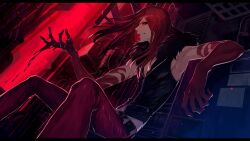 Rule 34 | 1boy, belt, blood, blood on hands, carmine (under night in-birth), colored sclera, fur collar, grin, highres, long hair, male focus, pants, red eyes, red hair, red sclera, smile, solo, suzunashi, teeth, under night in-birth