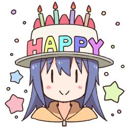 Rule 34 | 1girl, blue hair, blush stickers, brown hat, candle, closed mouth, commentary request, cropped shoulders, fire, food, fruit, hair between eyes, hat, long hair, looking at viewer, nekotoufu, onii-chan wa oshimai!, portrait, simple background, smile, solo, star (symbol), strawberry, tenkawa nayuta, white background, | |