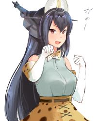 Rule 34 | 10s, 1girl, :d, animal ears, black hair, bow, cosplay, elbow gloves, gloves, hair between eyes, headgear, kantai collection, kemono friends, long hair, mushi gyouza, nagato (kancolle), open mouth, print gloves, print skirt, red eyes, revision, serval (kemono friends), serval (kemono friends) (cosplay), serval print, shirt, simple background, skirt, sleeveless, sleeveless shirt, smile, solo, white background