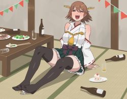 Rule 34 | 1boy, 1girl, birthday cake, blush, bottle, breasts, brown hair, cake, detached sleeves, drunk, food, glass, green skirt, headgear, hiei (kancolle), hiei kai ni (kancolle), indoors, kantai collection, large breasts, mini person, miniboy, no shoes, nontraditional miko, okubyouha55, open mouth, ribbon-trimmed sleeves, ribbon trim, short hair, size difference, skirt, t-head admiral, thighhighs