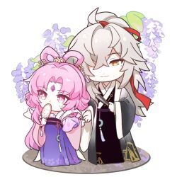 Rule 34 | 1boy, 1girl, chibi, chinese clothes, closed mouth, dimlight, dress, facial mark, flower, folding fan, forehead mark, fu xuan (honkai: star rail), grey hair, hair ornament, hair over one eye, hair rings, hair stick, hand fan, hanfu, highres, holding, holding fan, honkai: star rail, honkai (series), jade (gemstone), jiaoling ruqun, jing yuan, long hair, long sleeves, official alternate costume, parted bangs, pink eyes, pink hair, ponytail, purple dress, qixiong ruqun, ribbon, smile, tuanshan, white background, wide sleeves, wisteria, yellow eyes