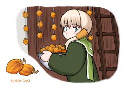 Rule 34 | 1girl, blonde hair, blue eyes, blunt bangs, bowl, food, from behind, fruit, green scarf, hair ornament, hanten (clothes), highres, kantai collection, ladder, long hair, looking at viewer, looking back, persimmon, porusasu, scarf, shin&#039;you (kancolle), solo, upper body