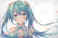 Rule 34 | 1girl, aqua necktie, bare shoulders, blush, closed mouth, collared shirt, floating hair, green eyes, green hair, grey background, grey shirt, hand on own chest, hatsune miku, head tilt, highres, kawami nami, long hair, looking at viewer, motion blur, necktie, number tattoo, petals, revision, shirt, shoulder tattoo, sleeveless, sleeveless shirt, smile, solo, tareme, tattoo, twintails, upper body, vocaloid, wing collar
