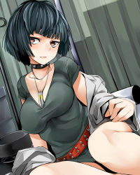 Rule 34 | 10s, 1girl, between breasts, black hair, blush, bob cut, breasts, brown eyes, choker, cleavage, highres, jewelry, lab coat, large breasts, looking at viewer, necklace, nemu (nebusokugimi), persona, persona 5, short hair, sitting, solo, takemi tae, thighs