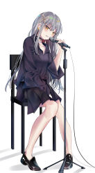 1girl absurdres bang_dream! black_choker black_footwear black_shirt black_skirt chair choker collarbone collared_shirt commentary_request full_body grey_hair hair_between_eyes hair_ornament hairclip hand_up highres holding holding_microphone korean_commentary leaning_to_the_side long_hair long_sleeves looking_at_viewer microphone microphone_stand minato_yukina on_chair patpang shirt shoes simple_background sitting skirt solo white_background yellow_eyes