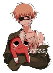 Rule 34 | 1boy, 1other, ahoge, artist name, bandage on face, bandaged arm, bandaged leg, bandaged neck, bandages, bandaid, bandaid on face, blonde hair, blood, blood from mouth, blood on clothes, blood on face, chainsaw, chainsaw man, claireiosity, commentary, denji (chainsaw man), english commentary, eyepatch, green jacket, highres, jacket, looking at viewer, nosebleed, off-shoulder jacket, off shoulder, pochita (chainsaw man), short hair, simple background, sleeves past fingers, sleeves past wrists, tank top, white background, white tank top, yellow eyes