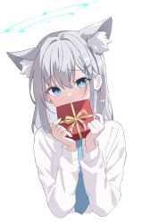 Rule 34 | absurdres, animal ear fluff, animal ears, blue archive, blue eyes, blush, covering own mouth, cross hair ornament, earrings, extra ears, gift, goyain, grey hair, hair ornament, halo, highres, holding, jewelry, looking at viewer, medium hair, mismatched pupils, necktie, shiroko (blue archive), shirt, simple background, single earring, white shirt