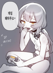 Rule 34 | 1boy, bad id, bad pixiv id, bare arms, bow, controller, fang, game controller, gamepad, grey background, greyscale, hair bow, highres, holding, holding controller, holding game controller, ikr (artist), korean text, long hair, looking at viewer, male focus, monochrome, open mouth, shirt, shorts, simple background, sitting, sleeveless, sleeveless shirt, solo, speech bubble, spot color, tongkkangi, tongkkangi (streamer), translation request, trap, virtual youtuber, yellow eyes