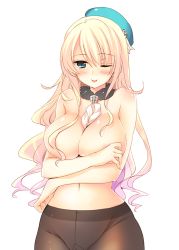 Rule 34 | 10s, 1girl, atago (kancolle), blonde hair, breast hold, breasts, female focus, gusset, hair censor, hair over breasts, hat, kantai collection, large breasts, long hair, mizuno sao, one eye closed, pantyhose, simple background, solo, topless