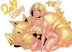 Rule 34 | 1girl, bikini, blonde hair, bracelet, breasts, chinese zodiac, dark-skinned female, dark skin, fewer digits, happy new year, heart, heart necklace, high heels, highres, jewelry, large breasts, looking at viewer, minew, necklace, new year, original, pig, pointy ears, short hair, sleeping animal, swimsuit, year of the pig, yellow bikini, yellow eyes
