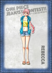 Rule 34 | 1girl, braid, breasts, cleavage, denim, denim shorts, feet, female focus, gradient background, jeans, large breasts, long hair, matching hair/eyes, midriff, multi-tied hair, navel, official art, one piece, open clothes, open mouth, pants, pink eyes, pink hair, rebecca (one piece), sandals, shorts, smile, solo, toes