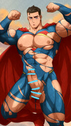 Rule 34 | 1boy, abs, absurdres, bar censor, bara, black hair, blue bodysuit, blue eyes, bodysuit, boots, cape, censored, clark kent, covered navel, dc comics, double biceps pose, erection, flexing, highres, kuroshinki, large pectorals, male focus, muscular, muscular male, my adventures with superman, nipples, pectorals, penis, red cape, short hair, solo, superman, superman (series), testicles, thick thighs, thighs, torn bodysuit, torn clothes