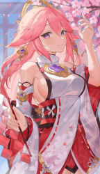 Rule 34 | 1girl, absurdres, animal ears, bare shoulders, breasts, cherry blossoms, commentary request, cowboy shot, day, detached sleeves, ear piercing, fox ears, genshin impact, gohei, gurina, hair ornament, highres, holding, japanese clothes, large breasts, long hair, long sleeves, looking at viewer, outdoors, parted lips, piercing, pink hair, purple eyes, sideboob, smile, solo, underbust, very long hair, wide sleeves, yae miko