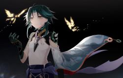 Rule 34 | 1boy, ahoge, aqua hair, arm tattoo, armor, asymmetrical clothes, bad id, bad twitter id, bead necklace, beads, bug, butterfly, closed mouth, facial mark, forehead mark, genshin impact, gloves, glowing, green hair, highres, insect, jewelry, male focus, necklace, night, outdoors, shoulder armor, solo, spikes, tassel, tattoo, xiao (genshin impact), yellow eyes, yoko (nz g)