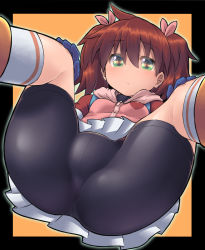 Rule 34 | 1girl, ass, backpack, bag, bike shorts, black shirt, black shorts, blue gloves, brown hair, closed mouth, expressionless, gloves, green eyes, highres, jacket, kneehighs, knees up, legs, long hair, looking at viewer, lying, m.m, miniskirt, on back, orange background, pink jacket, pleated skirt, ribbon, saru getchu, sayaka (saru getchu), shirt, short sleeves, shorts, shorts under skirt, simple background, skirt, socks, solo, spread legs, thighs, twintails, white socks, white skirt
