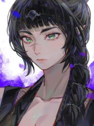 Rule 34 | 1girl, absurdres, baldur&#039;s gate, baldur&#039;s gate 3, black hair, blunt bangs, braid, braided ponytail, cigma, circlet, collarbone, commentary, dungeons &amp; dragons, elf, expressionless, green eyes, hair over shoulder, highres, long hair, looking at viewer, pointy ears, portrait, scar, scar on face, scar on nose, shadowheart (baldur&#039;s gate), simple background, single braid, solo, symbol-only commentary, two-tone background, white background