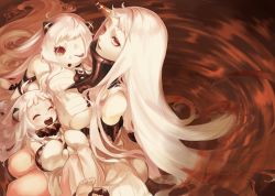 Rule 34 | 10s, 3girls, :d, ;o, ^ ^, abyssal ship, ahoge, airfield princess, breasts, closed eyes, detached sleeves, dress, gradient background, horns, kantai collection, large breasts, long hair, mittens, monochrome, multiple girls, northern ocean princess, one eye closed, open mouth, pale skin, red eyes, ripples, seaport princess, single horn, smile, tautiki, white dress, white hair