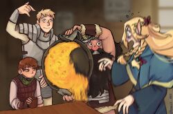 Rule 34 | 0 0, 1girl, 3boys, accident, beard, brown hair, chilchuck tims, dungeon meshi, dwarf, emece-sp, facial hair, fake horns, falling, food, frying pan, helmet, highres, holding, holding frying pan, horned helmet, horns, laios touden, long beard, looking at another, marcille donato, motion blur, multiple boys, mustache, pointing, pointing forward, scared, senshi (dungeon meshi), smug, thick mustache, very long beard, wide-eyed, wok
