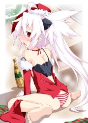 Rule 34 | 1girl, ahoge, alcohol, bare shoulders, barefoot, black bra, blush, bra, champagne, christmas tree, drooling, drunk, feet, female focus, hat, horns, lingerie, long hair, looking back, open clothes, open mouth, open shirt, original, panties, piercing, pointy ears, ponytail, red eyes, reku, santa costume, santa hat, shiroko (reku), shirt, shorts, shorts around one leg, silver hair, sitting, soles, solo, strap slip, striped clothes, striped panties, underwear, wariza