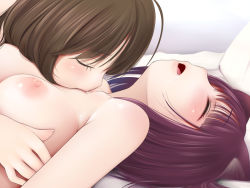 Rule 34 | 2girls, ahoge, animal ears, arm at side, bare shoulders, bed, blunt bangs, blush, breasts, brown hair, cat ears, chest kiss, closed eyes, commentary request, couple, female focus, girl on top, hug, kiss, kozue akari, large breasts, lying, moaning, multiple girls, nipples, nude, nuzzle, on back, on bed, open mouth, original, pillow, purple hair, saliva, short hair, upper body, yuri