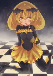 Rule 34 | 10s, 1girl, bad end peace, bad end precure, bad id, bad pixiv id, bat wings, black bodysuit, blonde hair, bodysuit, checkered floor, covered navel, dark persona, finger to mouth, fingerless gloves, gloves, long hair, precure, rimoko, sitting, skirt, smile precure!, solo, tiara, wariza, wings, yellow eyes