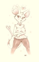 Rule 34 | 1girl, ?, animal ears, animal hands, artist name, beige background, blush, braixen, breasts, cleft of venus, collar, creatures (company), cropped legs, female focus, fox ears, fox tail, fullfolka, furry, furry female, game freak, gen 6 pokemon, heart, highres, jpeg artifacts, legs apart, looking at viewer, medium breasts, monochrome, navel, nintendo, nipples, open mouth, poke ball theme, pokemon, pokemon (creature), pussy, shiny skin, signature, simple background, solo, sparkle, standing, stick, tail, traditional media, uncensored