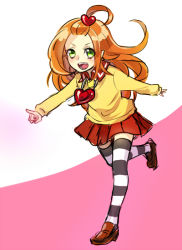 Rule 34 | 00s, 1girl, blush, child, chocolat meilleure, fangs, full body, gatakuri, green eyes, heart, jewelry, loafers, long hair, necklace, necktie, open mouth, orange hair, pointy ears, school uniform, shoes, simple background, skirt, smile, solo, striped clothes, striped thighhighs, sugar sugar rune, thighhighs, uniform
