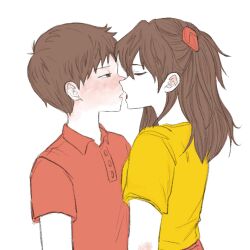 Rule 34 | 1boy, 1girl, artist request, blush, breasts, brown eyes, brown hair, collared shirt, couple, embarrassed, face-to-face, hetero, highres, ikari shinji, imminent kiss, interface headset, kiss, long hair, looking at another, medium breasts, neon genesis evangelion, open mouth, red shirt, shirt, short hair, short sleeves, simple background, souryuu asuka langley, tongue, two side up, white background, yellow shirt