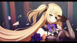 Rule 34 | 1girl, armpits, bare shoulders, black gloves, blonde hair, bow, bowtie, breasts, brooch, eyepatch, fischl (genshin impact), genshin impact, gloves, green eyes, hand up, highres, jewelry, kaleid, letterboxed, long hair, looking at viewer, medium breasts, one side up, purple bow, purple bowtie, smile, solo, upper body, very long hair