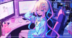 Rule 34 | 1girl, absurdres, ame-chan (needy girl overdose), blonde hair, blue bow, blue eyes, blue hair, blue shirt, blue skirt, blush, bow, can, chouzetsusaikawa tenshi-chan, commentary request, computer, controller, cup, drink can, game controller, hair bow, hair ornament, heart, heart hair ornament, highres, holographic clothing, indoors, keyboard (computer), long hair, long sleeves, looking at viewer, mizuiro abokado, monitor, mouse (computer), multicolored hair, multiple monitors, nail polish, needy girl overdose, one eye closed, open mouth, pink bow, pink hair, pleated skirt, purple bow, quad tails, sailor collar, school uniform, serafuku, shirt, sitting, skirt, smile, soda can, solo, star (symbol), stuffed animal, stuffed toy, twintails, v, very long hair, viewfinder, yellow bow