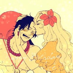 Rule 34 | 1boy, 1girl, age difference, alternate universe, black hair, blonde hair, blush, character name, closed eyes, commentary request, flower, freckles, hair flower, hair ornament, happy birthday, hat, hetero, hibiscus, highres, kiss, kissing forehead, long hair, mother and son, nrrn03, one eye closed, one piece, open mouth, portgas d. ace, portgas d. rouge, profile, puffy short sleeves, puffy sleeves, short hair, short sleeves, time paradox, topless male, wavy hair, yellow theme