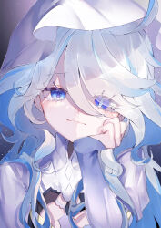 Rule 34 | 1girl, ahoge, blue eyes, blue hair, closed mouth, commentary, cowlick, furina (genshin impact), genshin impact, hair between eyes, hand on own face, happy tears, head rest, heterochromia, highres, hood, hood down, light smile, long hair, long sleeves, looking at viewer, mismatched pupils, multicolored hair, portrait, shirt, sikaku, sleeves past wrists, solo, symbol-only commentary, tears, white hair, white hood, white shirt