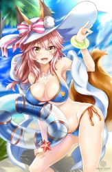 Rule 34 | &gt;:d, 1girl, :d, animal ears, armpits, bare shoulders, bikini, blue bikini, blush, bow, bracelet, breasts, cleavage, commission, contrapposto, cowboy shot, day, ears through headwear, fang, fate/grand order, fate (series), fox ears, fox girl, fox shadow puppet, fox tail, hair between eyes, halterneck, hat, hat bow, innertube, jewelry, large breasts, long hair, looking at viewer, navel, necklace, nez-box, open mouth, outdoors, pink hair, shawl, side-tie bikini bottom, smile, solo, standing, string bikini, sun hat, sunlight, swim ring, swimsuit, tail, tamamo (fate), tamamo no mae (fate/extra), tamamo no mae (swimsuit lancer) (fate), tamamo no mae (swimsuit lancer) (third ascension) (fate), underboob, v-shaped eyebrows, white hat, yellow eyes