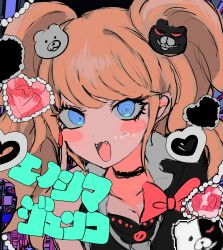 Rule 34 | 1girl, bear hair ornament, black choker, black shirt, blue eyes, blush stickers, bow, breasts, choker, cleavage, collarbone, commentary request, danganronpa: trigger happy havoc, danganronpa (series), enoshima junko, fangs, hair ornament, heart, highres, long hair, looking at viewer, momae makku, open mouth, pink bow, portrait, shirt, solo, translated, twintails