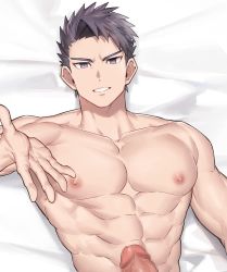 Rule 34 | 1boy, abs, bara, bed, censored, come hither, completely nude, cropped, erection, fate/grand order, fate (series), gondom, grey hair, lancelot (fate/grand order), large pectorals, male focus, mosaic censoring, muscular, nipples, nude, open mouth, pectorals, penis, purple eyes, purple hair, short hair, solo, upper body