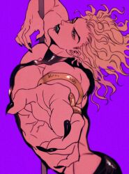 Rule 34 | 1boy, abs, ass, black lips, bracelet, commentary, dio brando, earrings, fingernails, highres, jewelry, jojo no kimyou na bouken, lipstick, long hair, looking at viewer, makeup, male focus, muscular, muscular male, parted lips, pectorals, pointing, pole, pole dancing, purple background, sharp fingernails, shenshan laolin, simple background, solo, stardust crusaders, stripper pole, symbol-only commentary, yellow eyes