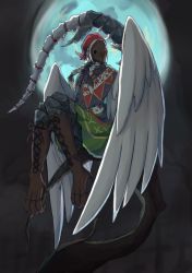 Rule 34 | 1girl, 4138, bone, boots, braid, capelet, feathered wings, female focus, full moon, harpy, mask, monster girl, moon, night, original, sitting, solo, tail, twin braids, white hair, wings