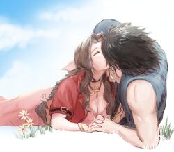 Rule 34 | 1boy, 1girl, aerith gainsborough, bare arms, bare shoulders, black hair, blue sky, bracelet, braid, braided ponytail, brown hair, choker, closed eyes, cloud, cloudy sky, commentary, couple, crisis core final fantasy vii, cropped jacket, day, dress, english commentary, final fantasy, final fantasy vii, final fantasy vii remake, flower, hair ribbon, hand on another&#039;s chin, hetero, holding hands, interlocked fingers, jacket, jewelry, kiss, linono, lying, on side, on stomach, outdoors, parted bangs, pink dress, pink ribbon, red jacket, ribbon, sidelocks, sky, sleeveless, sleeveless turtleneck, spiked hair, sweater, turtleneck, turtleneck sweater, yellow flower, zack fair