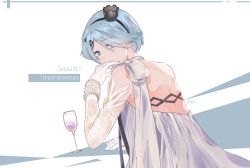 Rule 34 | 1girl, alcohol, artist name, bangle, bare shoulders, blue hair, blush, bracelet, character name, cup, dress, earrings, elbow gloves, from behind, girls&#039; frontline, gloves, hair ornament, hairband, hairclip, halter dress, halterneck, highres, jewelry, looking at viewer, looking back, official alternate costume, orange eyes, popsi, revision, short hair, solo, white dress, white gloves, zas m21 (girls&#039; frontline), zas m21 (white queen) (girls&#039; frontline)