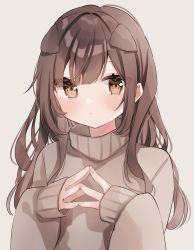 Rule 34 | 1girl, animal ears, blush, brown eyes, brown hair, brown sweater, closed mouth, commentary request, hands up, heripiro, highres, long hair, looking at viewer, original, sidelocks, simple background, solo, sweater, turtleneck, turtleneck sweater, upper body, white background