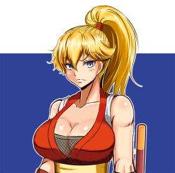 Rule 34 | 1girl, blonde hair, blue eyes, breasts, capcom, cleavage, final fight, final fight 2, fingerless gloves, fishnets, genryuusai maki, gloves, high ponytail, large breasts, long hair, ponytail, solo, street fighter, tonfa, weapon, xyz (kamikazejap)