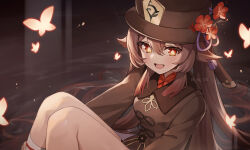 Rule 34 | 1girl, black hat, brown hair, brown shirt, bug, butterfly, collared shirt, commentary, flower, flower-shaped pupils, genshin impact, gya (144), hat, highres, hu tao (genshin impact), insect, kneehighs, long hair, long sleeves, open mouth, partially submerged, plum blossoms, shirt, socks, solo, symbol-shaped pupils, twintails, twitter username, very long hair, water, white socks