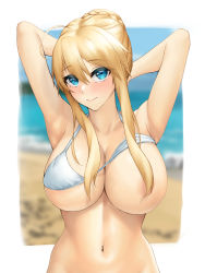 Rule 34 | 1girl, armpits, arms behind head, arms up, artist request, artoria pendragon (fate), artoria pendragon (lancer) (fate), bare shoulders, bikini, bikini top lift, blue eyes, blush, braid, breasts, censored, censored nipples, cleavage, clothes lift, collarbone, convenient censoring, fate/grand order, fate (series), french braid, hair between eyes, hair censor, hair over breasts, hair over one breast, highres, large breasts, long hair, looking at viewer, navel, one breast out, out-of-frame censoring, sidelocks, smile, standing, swimsuit, white bikini