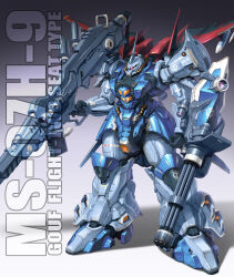 Rule 34 | absurdres, bazooka (gundam), chain gun, character name, clenched hand, commentary request, glowing, glowing eye, gouf flight type, gradient background, gundam, gundam 08th ms team, highres, holding, holding weapon, horns, maeda hiroyuki, missile, mobile suit, no humans, one-eyed, red eyes, redesign, science fiction, shadow, shield, single horn, solo, standing, weapon, zeon