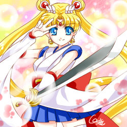 Rule 34 | 1girl, alternate costume, bishoujo senshi sailor moon, blonde hair, blue eyes, blue skirt, bow, cowboy shot, detached sleeves, double bun, earrings, hair ornament, hairpin, holding sword, japanese clothes, jewelry, light particles, long hair, looking at viewer, lowres, magical girl, red bow, sailor moon, shirataki kaiseki, signature, skirt, smile, solo, sword, tiara, tsukino usagi, twintails, v, weapon