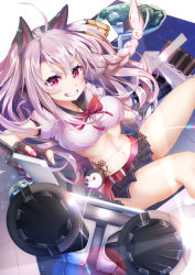 Rule 34 | 1girl, animal ears, arm up, azur lane, bare legs, belt, black gloves, blush, bow, bowtie, braid, breasts, crop top, fang, fingerless gloves, from side, gloves, grin, hair between eyes, hair ornament, hairpin, happy, highres, imo bouya, leg up, long hair, looking at viewer, mechanical ears, medium breasts, midriff, miniskirt, multicolored nails, nail polish, navel, paw print, pink eyes, pink nails, pleated skirt, red bow, red bowtie, red eyes, red nails, sailor collar, school uniform, serafuku, shirt, short sleeves, side slit, silver hair, single braid, skin tight, skirt, slit pupils, smile, solo, stomach tattoo, tattoo, thighs, turret, very long hair, weapon, white shirt, yellow nails, yuudachi (azur lane)