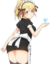 Rule 34 | 1girl, arm at side, ass, ayase eli, black ribbon, black shirt, black skirt, black thighhighs, blue eyes, blush, breasts, closed mouth, cowboy shot, frills, from behind, hair ribbon, heart, leaning forward, long hair, looking back, love live!, love live! school idol project, maid headdress, medium breasts, ponytail, puffy short sleeves, puffy sleeves, ribbon, shirt, short hair, short sleeves, simple background, skirt, skull573, solo, standing, striped clothes, striped ribbon, striped shirt, swept bangs, tareme, thighhighs, vertical-striped clothes, vertical-striped shirt, white background